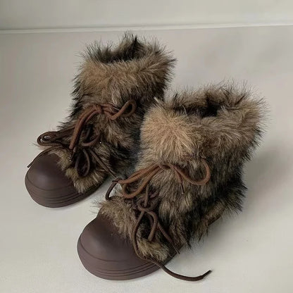 Women’s Faux Fur Winter Boots – Cozy Platform Snow Boots with Lace-Up Design