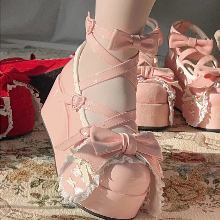 Kawaii Pink Platform Lolita Shoes – Sweet Bow & Lace Wedge Heels