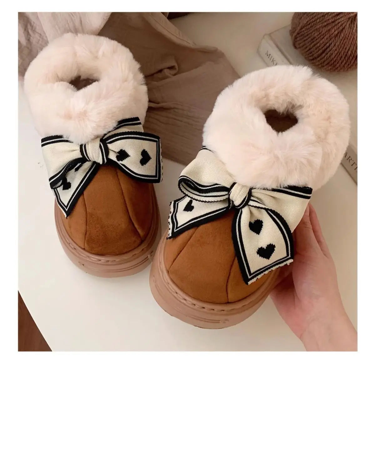 Women's Winter Fuzzy Slippers – Cozy Faux Fur Indoor Shoes with Bowknot Design