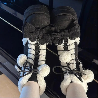 Women's Winter Plush Boots – Cozy Faux Fur Platform Boots with Lace-Up & Bow Detail