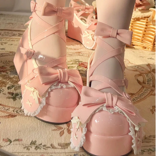 Kawaii Pink Platform Lolita Shoes – Sweet Bow & Lace Wedge Heels