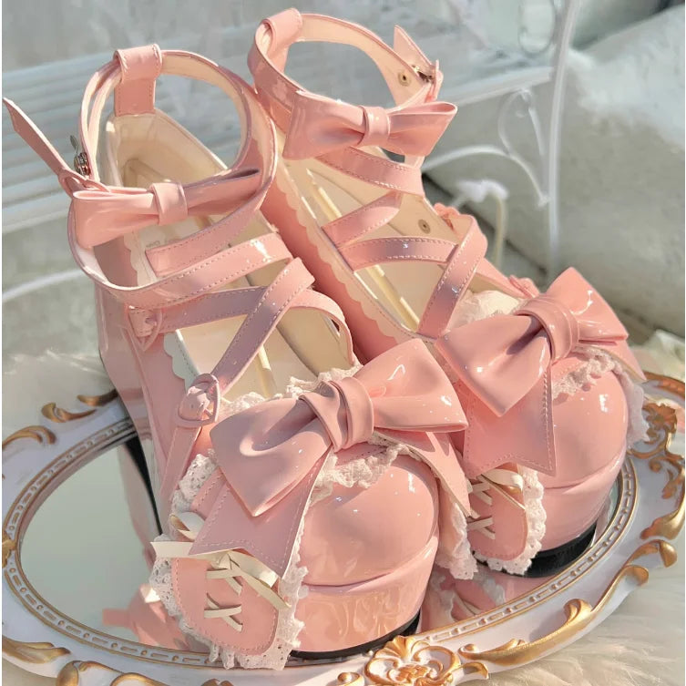 Kawaii Pink Platform Lolita Shoes – Sweet Bow & Lace Wedge Heels