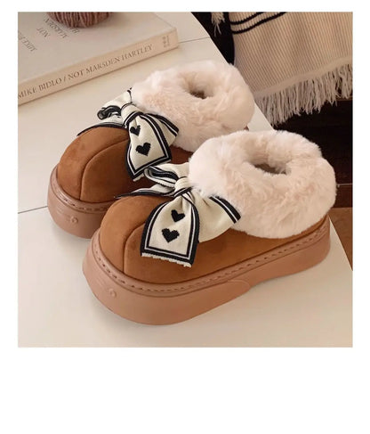 Women's Winter Fuzzy Slippers – Cozy Faux Fur Indoor Shoes with Bowknot Design