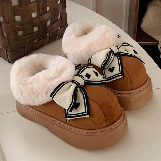 Women's Winter Fuzzy Slippers – Cozy Faux Fur Indoor Shoes with Bowknot Design