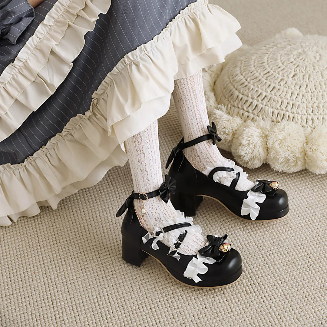 Elegant Lolita Princess Heels – Lace Bowknot Mary Jane Shoes