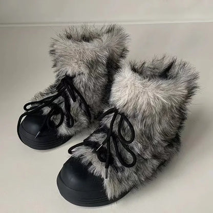 Women’s Faux Fur Winter Boots – Cozy Platform Snow Boots with Lace-Up Design