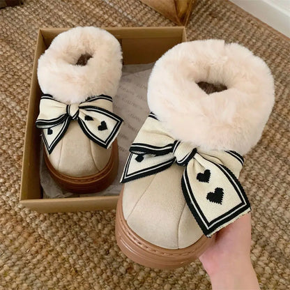 Women's Winter Fuzzy Slippers – Cozy Faux Fur Indoor Shoes with Bowknot Design