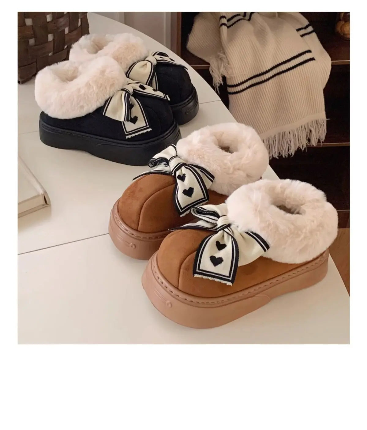 Women's Winter Fuzzy Slippers – Cozy Faux Fur Indoor Shoes with Bowknot Design