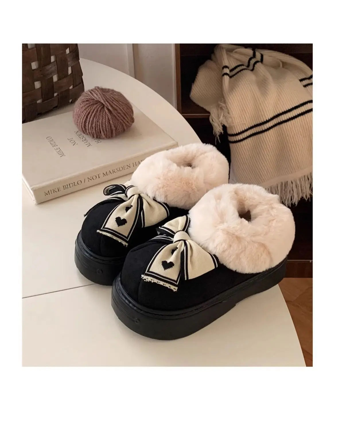 Women's Winter Fuzzy Slippers – Cozy Faux Fur Indoor Shoes with Bowknot Design