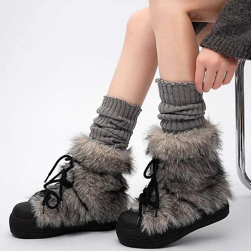 Women’s Faux Fur Winter Boots – Cozy Platform Snow Boots with Lace-Up Design