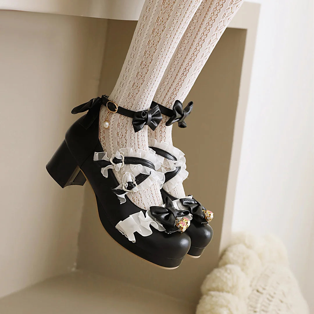 Elegant Lolita Princess Heels – Lace Bowknot Mary Jane Shoes