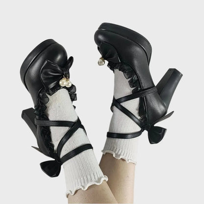 Lolita Princess High-Heeled Shoes - Elegant Lace Bowknot Mary Jane Pumps