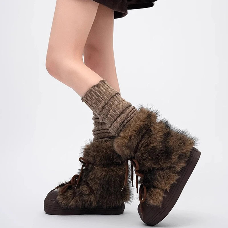 Women’s Faux Fur Winter Boots – Cozy Platform Snow Boots with Lace-Up Design