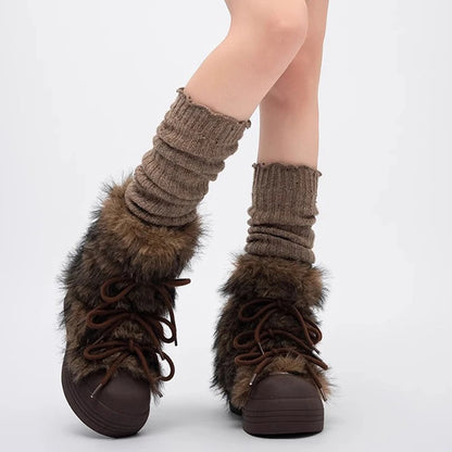 Women’s Faux Fur Winter Boots – Cozy Platform Snow Boots with Lace-Up Design