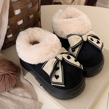 Women's Winter Fuzzy Slippers – Cozy Faux Fur Indoor Shoes with Bowknot Design